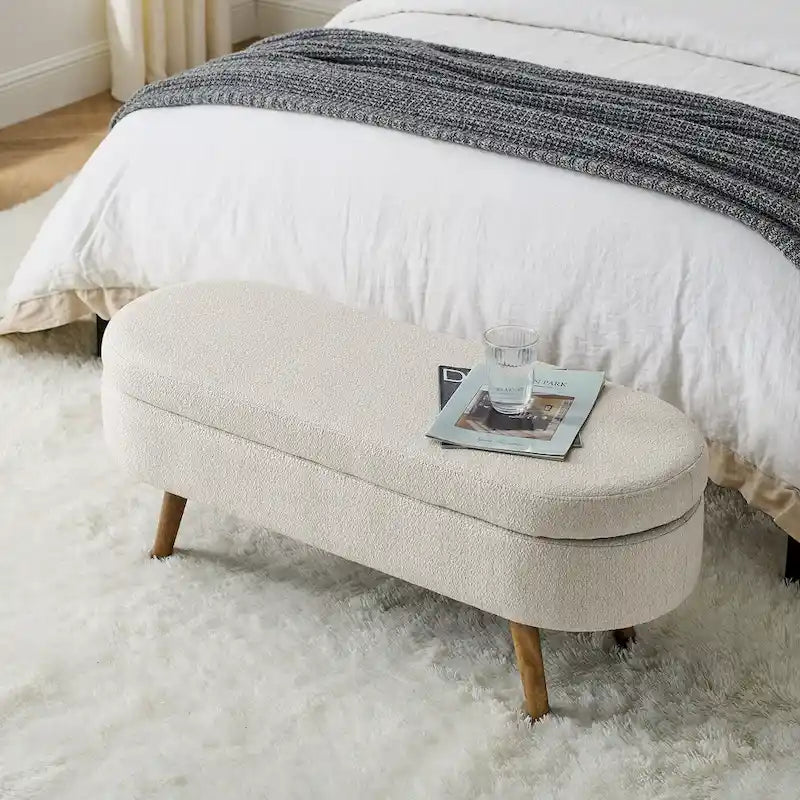 Banc de rangement ottoman ovale, pieds en bois d'hévéa