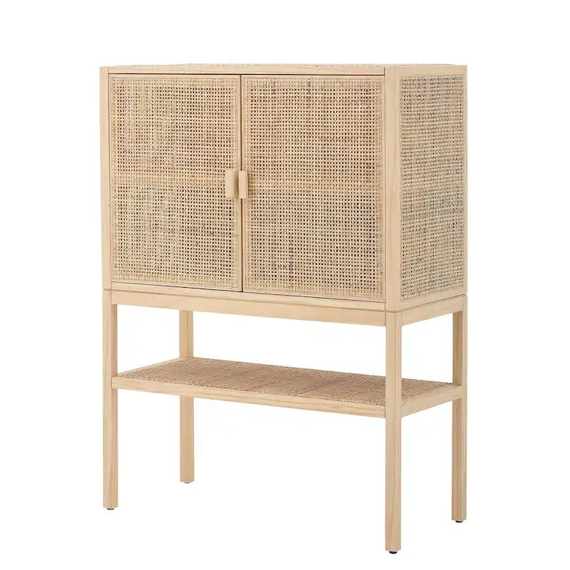Meuble bas en rotin tressé et bois avec 2 portes
