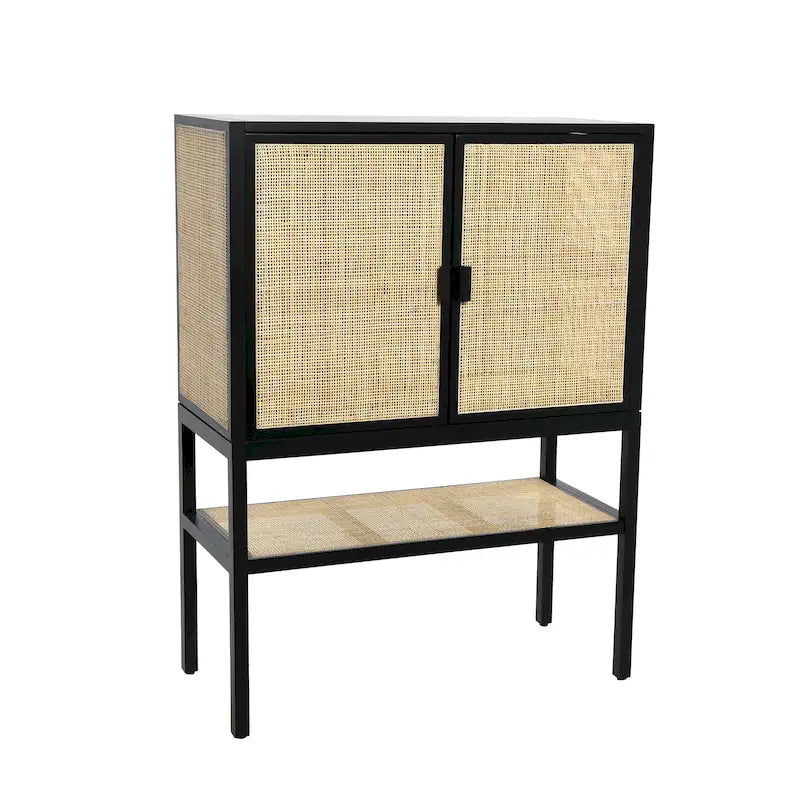 Meuble bas en rotin tressé et bois avec 2 portes