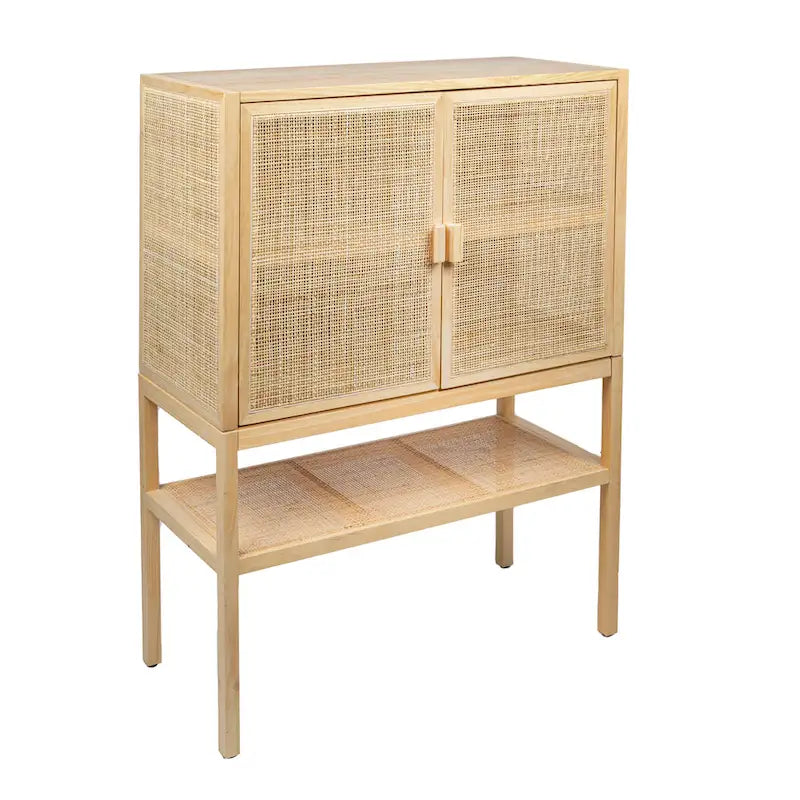 Meuble bas en rotin tressé et bois avec 2 portes