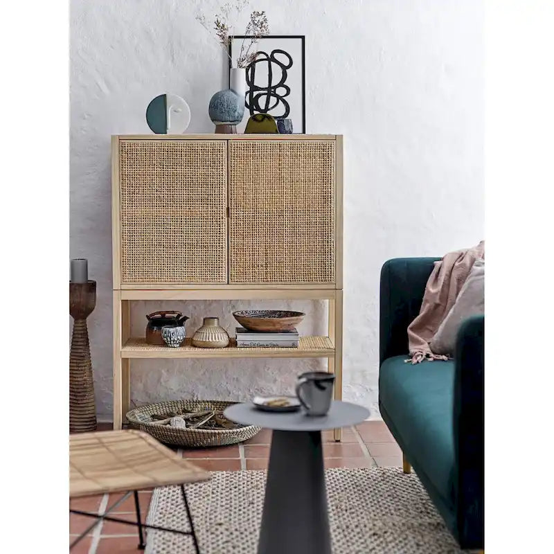 Meuble bas en rotin tressé et bois avec 2 portes
