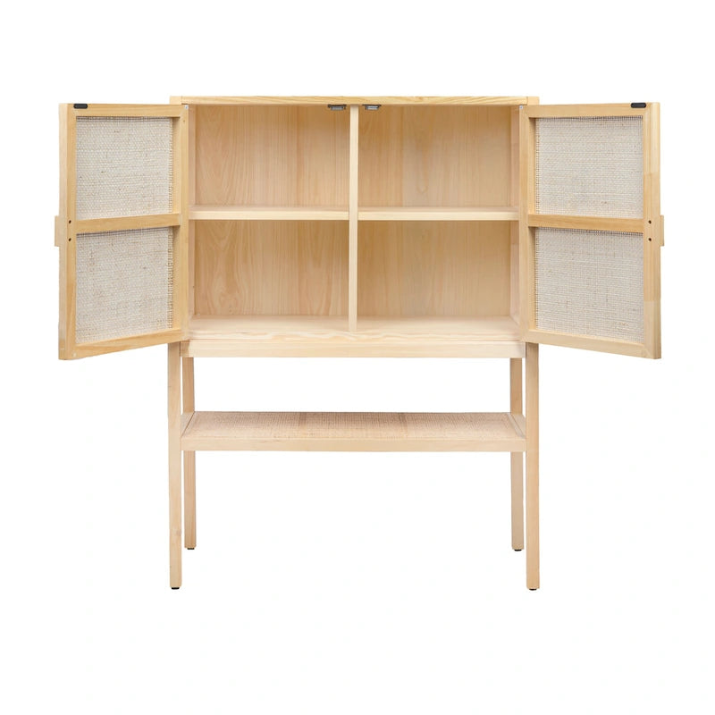Meuble bas en rotin tressé et bois avec 2 portes