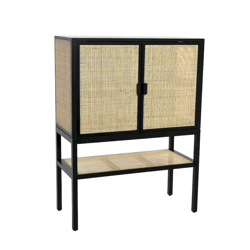 Meuble bas en rotin tressé et bois avec 2 portes