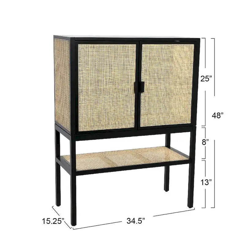 Meuble bas en rotin tressé et bois avec 2 portes