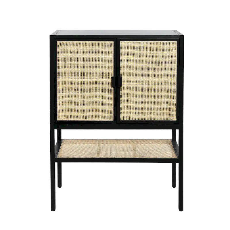 Meuble bas en rotin tressé et bois avec 2 portes