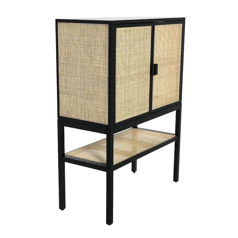 Meuble bas en rotin tressé et bois avec 2 portes