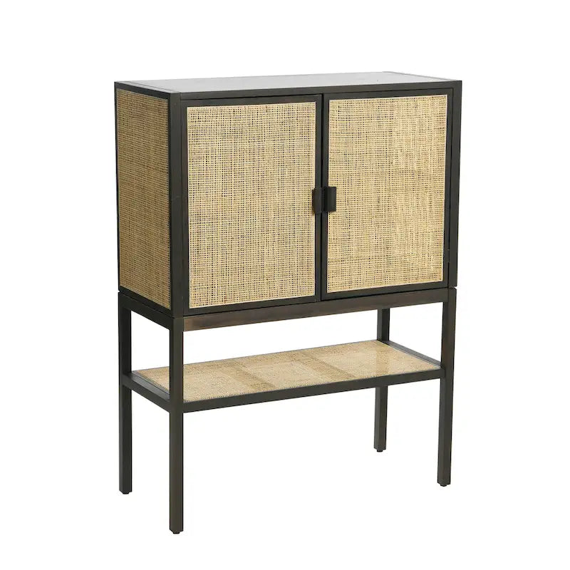 Meuble bas en rotin tressé et bois avec 2 portes