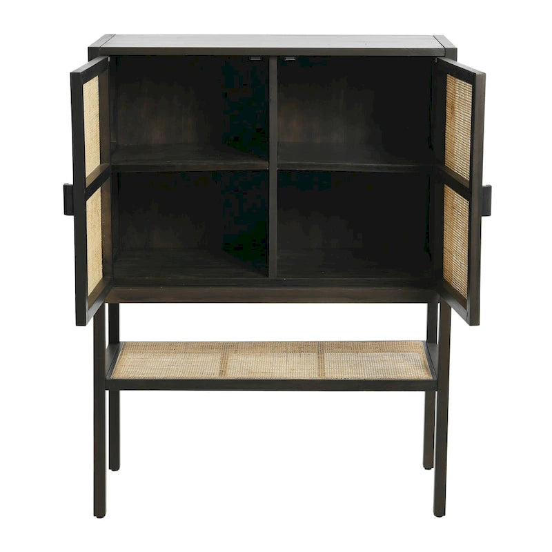 Meuble bas en rotin tressé et bois avec 2 portes