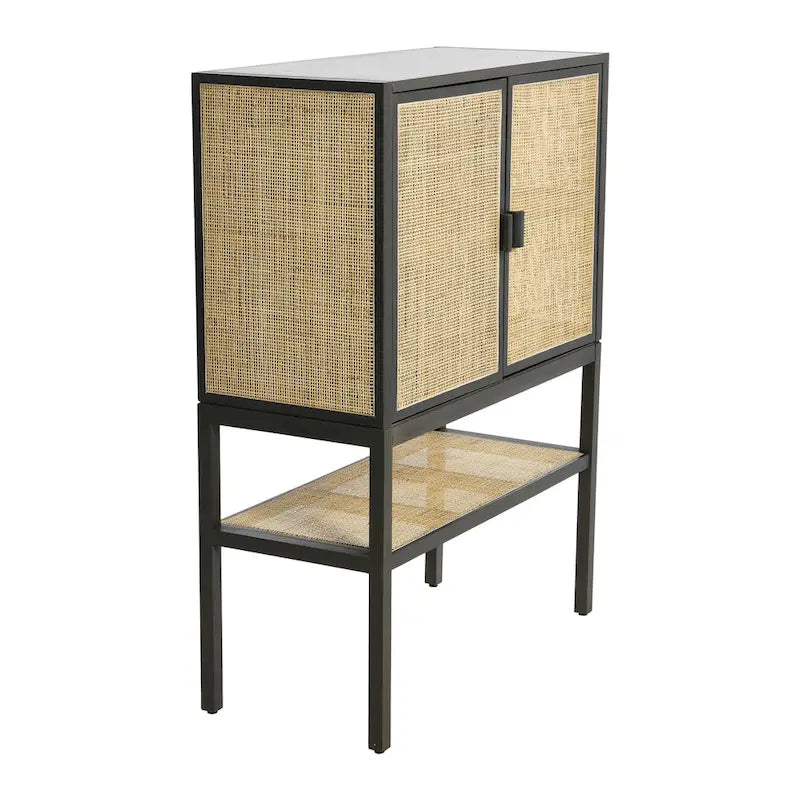 Meuble bas en rotin tressé et bois avec 2 portes