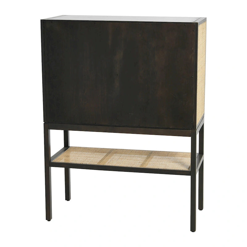 Meuble bas en rotin tressé et bois avec 2 portes