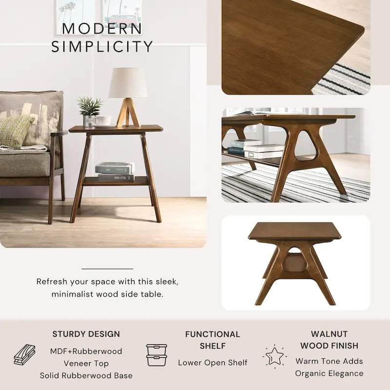Table d'appoint en bois avec étagère, style moderne du milieu du siècle