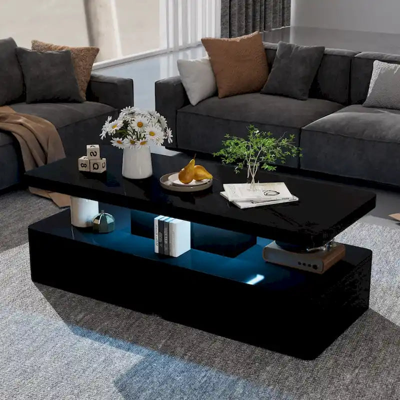 Table basse moderne et élégante avec lumières LED 16 couleurs, design double couche pour salon
