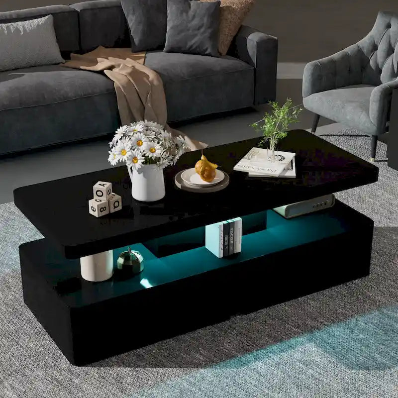 Table basse moderne et élégante avec lumières LED 16 couleurs, design double couche pour salon