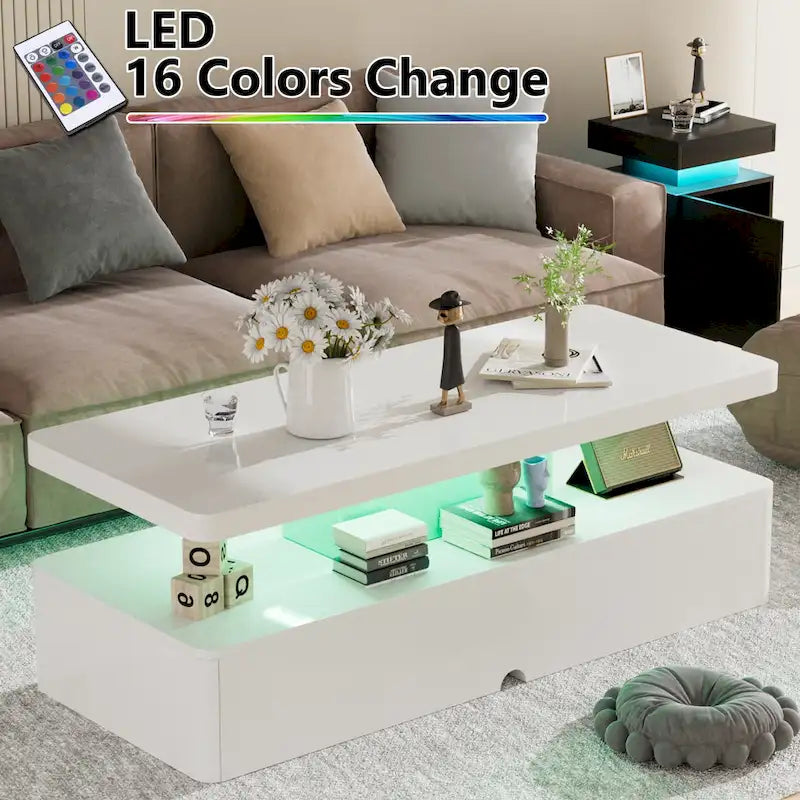 Table basse moderne et élégante avec lumières LED 16 couleurs, design double couche pour salon