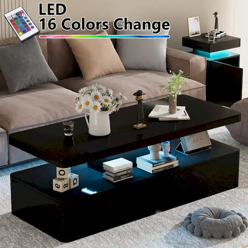 Table basse moderne et élégante avec lumières LED 16 couleurs, design double couche pour salon