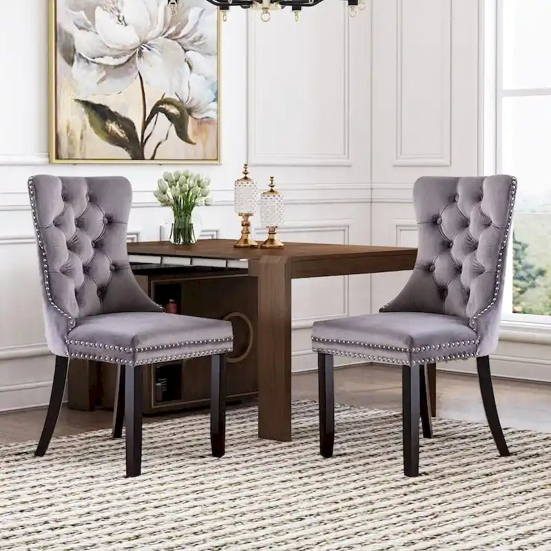 Lot de 2 chaises de salle à manger modernes en velours, chaises d'appoint rembourrées avec pieds en bois, garniture cloutée, chaises de salle à manger modernes - N/A
