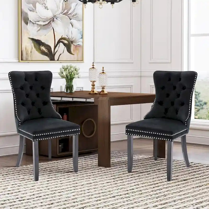 Lot de 2 chaises de salle à manger modernes en velours, chaises d'appoint rembourrées avec pieds en bois, garniture cloutée, chaises de salle à manger modernes - N/A