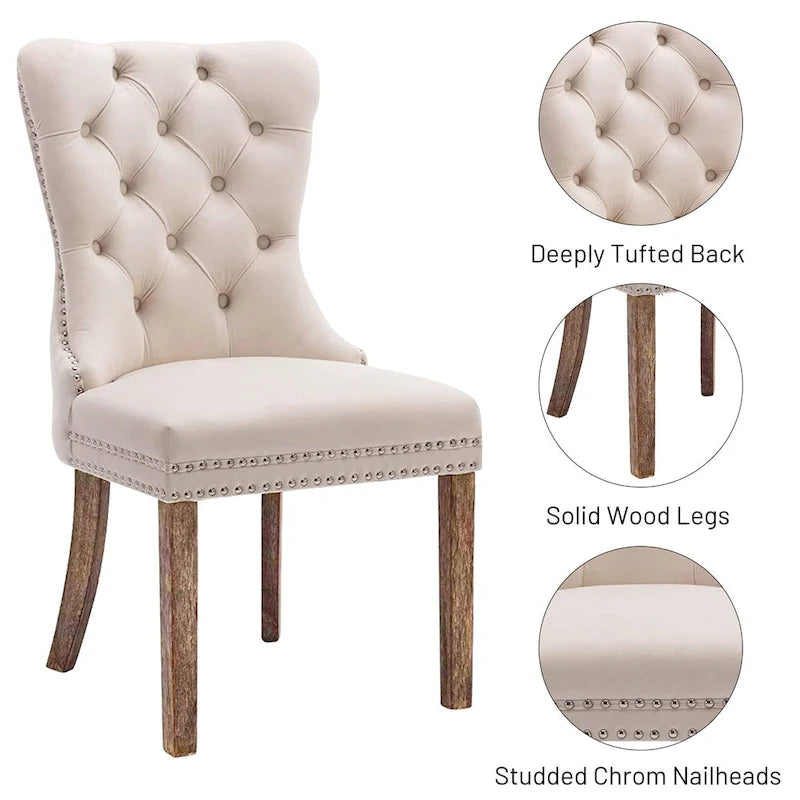Lot de 2 chaises de salle à manger modernes en velours, chaises d'appoint rembourrées avec pieds en bois, garniture cloutée, chaises de salle à manger modernes - N/A