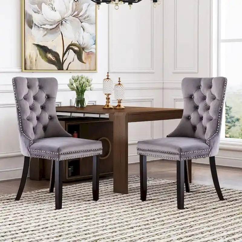 Lot de 2 chaises de salle à manger modernes en velours, chaises d'appoint rembourrées avec pieds en bois, garniture cloutée, chaises de salle à manger modernes - N/A