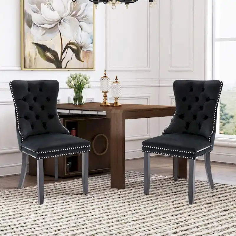 Lot de 2 chaises de salle à manger modernes en velours, chaises d'appoint rembourrées avec pieds en bois, garniture cloutée, chaises de salle à manger modernes - N/A