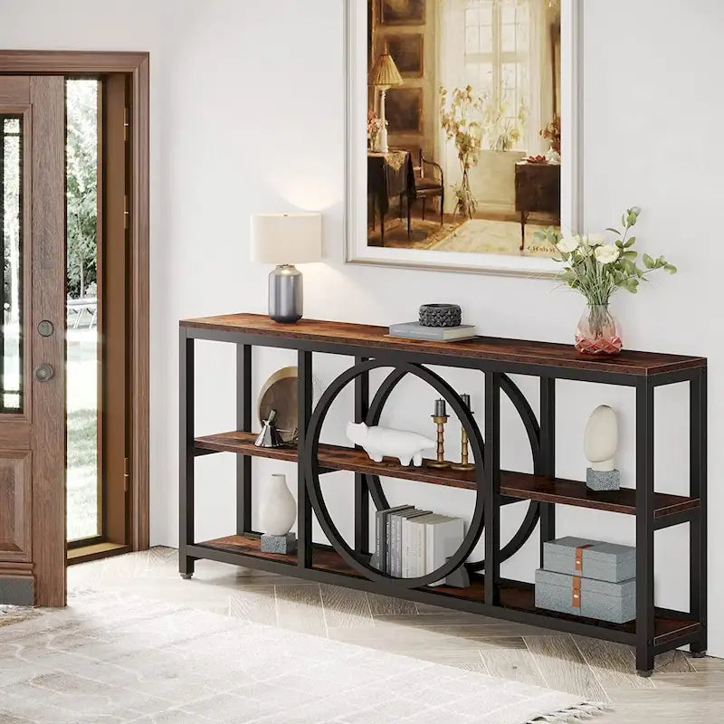Console de canapé de 70,9 pouces avec 3 étagères de rangement en bois et cadre métallique industriel pour foyer, couloir, salon, derrière le canapé