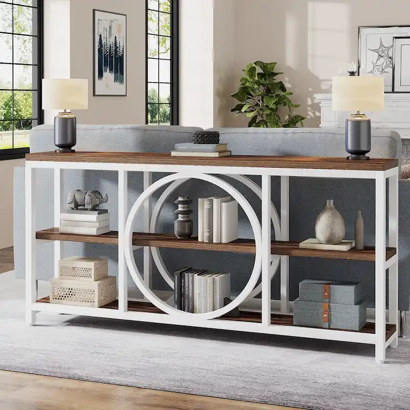 Console de canapé de 70,9 pouces avec 3 étagères de rangement en bois et cadre métallique industriel pour foyer, couloir, salon, derrière le canapé