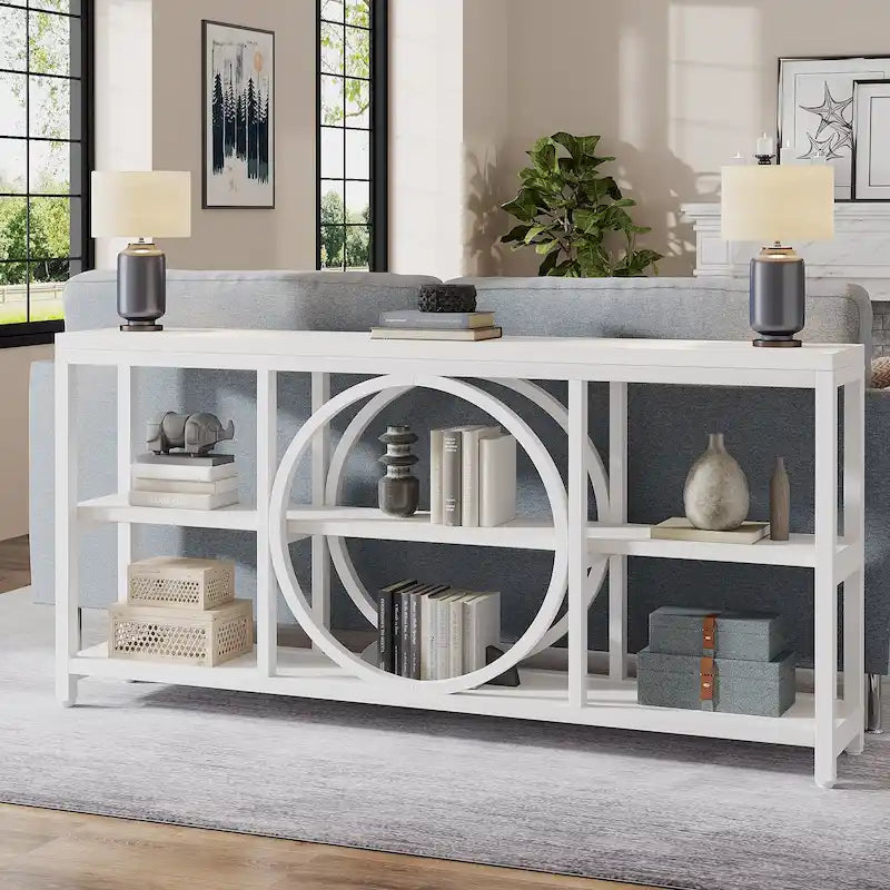 Console de canapé de 70,9 pouces avec 3 étagères de rangement en bois et cadre métallique industriel pour foyer, couloir, salon, derrière le canapé