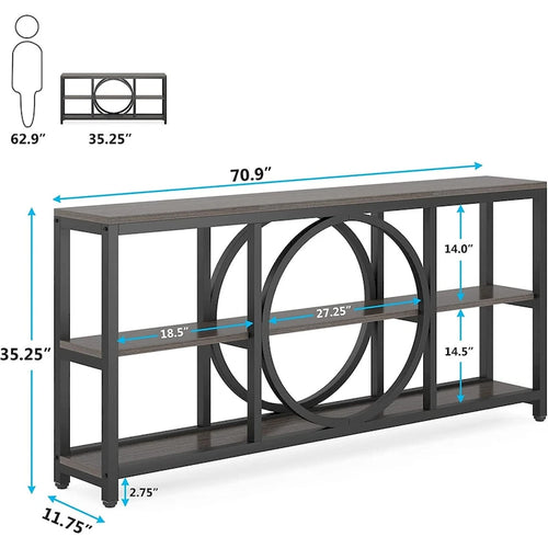 Console de canapé de 70,9 pouces avec 3 étagères de rangement en bois et cadre métallique industriel pour foyer, couloir, salon, derrière le canapé