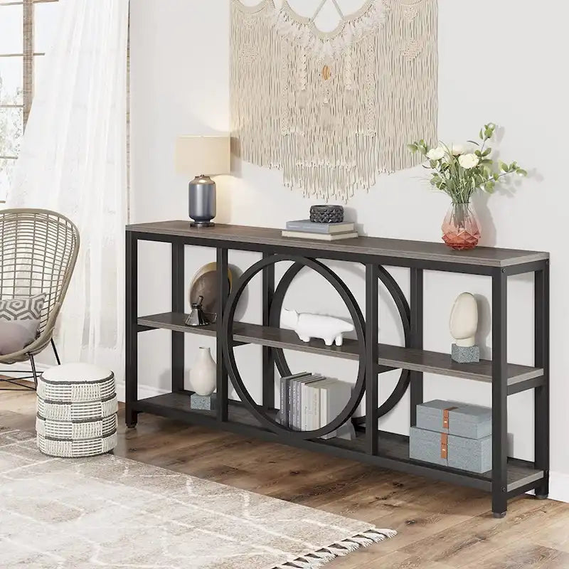 Console de canapé de 70,9 pouces avec 3 étagères de rangement en bois et cadre métallique industriel pour foyer, couloir, salon, derrière le canapé