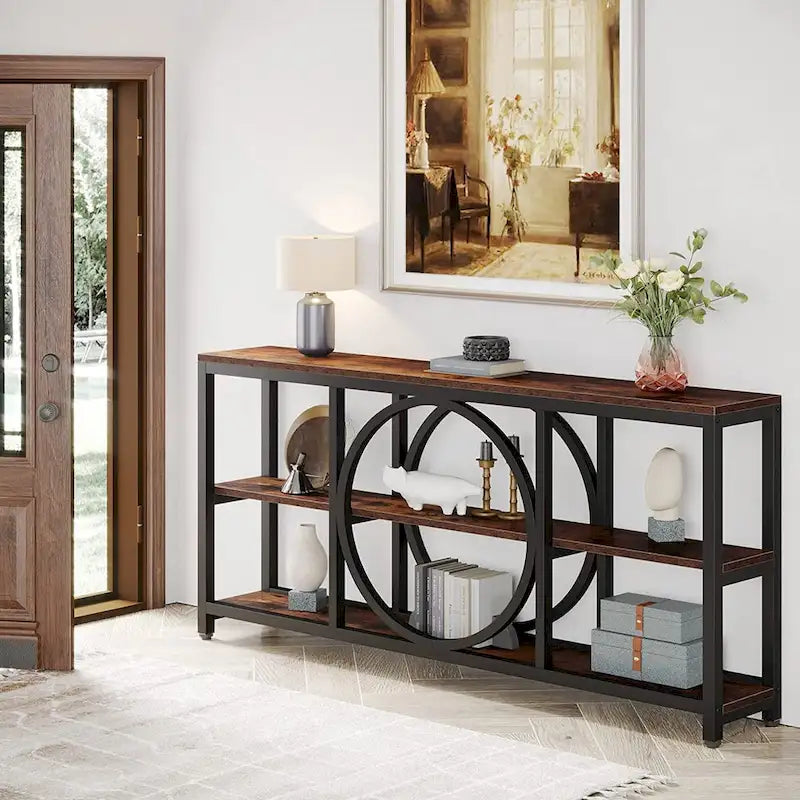 Console de canapé de 70,9 pouces avec 3 étagères de rangement en bois et cadre métallique industriel pour foyer, couloir, salon, derrière le canapé