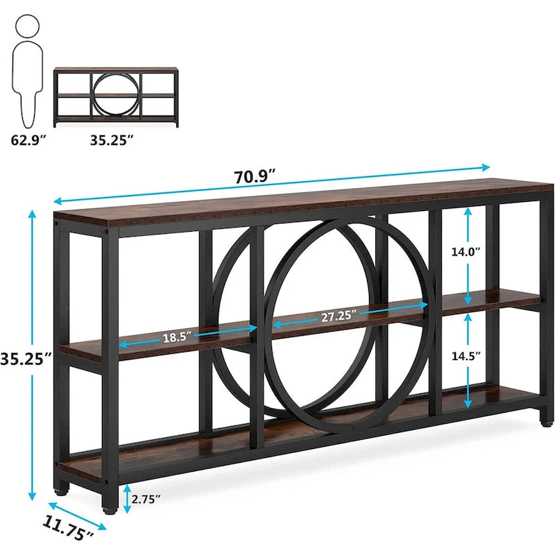 Console de canapé de 70,9 pouces avec 3 étagères de rangement en bois et cadre métallique industriel pour foyer, couloir, salon, derrière le canapé