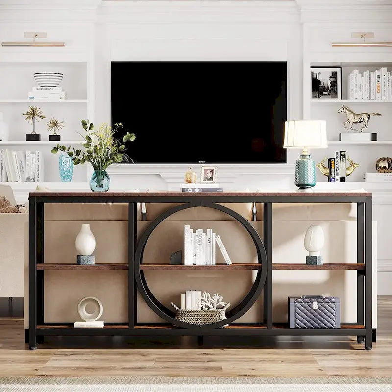 Console de canapé de 70,9 pouces avec 3 étagères de rangement en bois et cadre métallique industriel pour foyer, couloir, salon, derrière le canapé