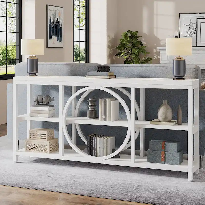 Console de canapé de 70,9 pouces avec 3 étagères de rangement en bois et cadre métallique industriel pour foyer, couloir, salon, derrière le canapé