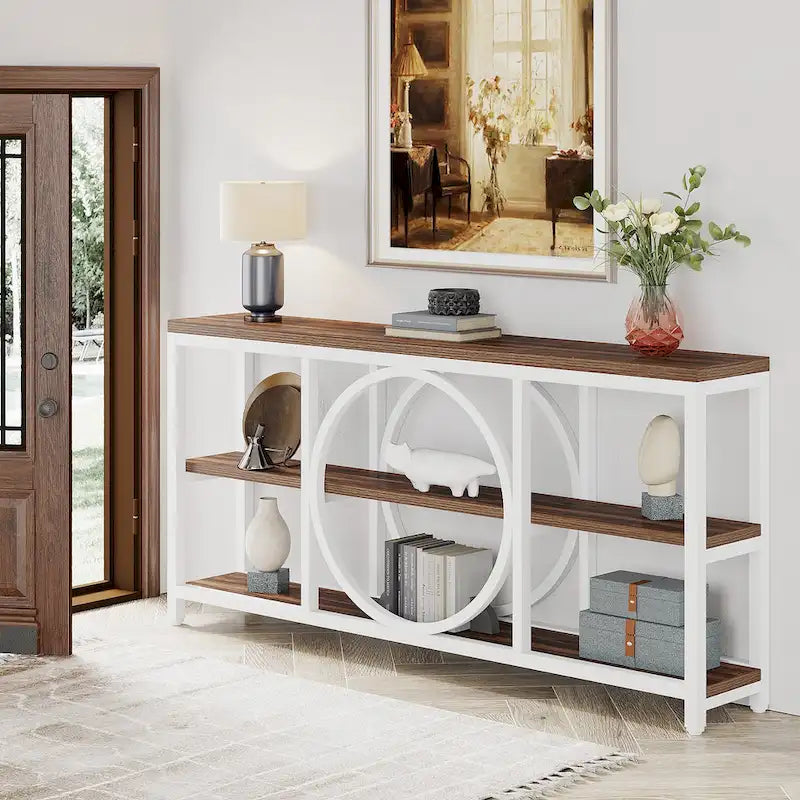 Console de canapé de 70,9 pouces avec 3 étagères de rangement en bois et cadre métallique industriel pour foyer, couloir, salon, derrière le canapé