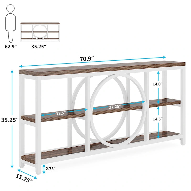 Console de canapé de 70,9 pouces avec 3 étagères de rangement en bois et cadre métallique industriel pour foyer, couloir, salon, derrière le canapé