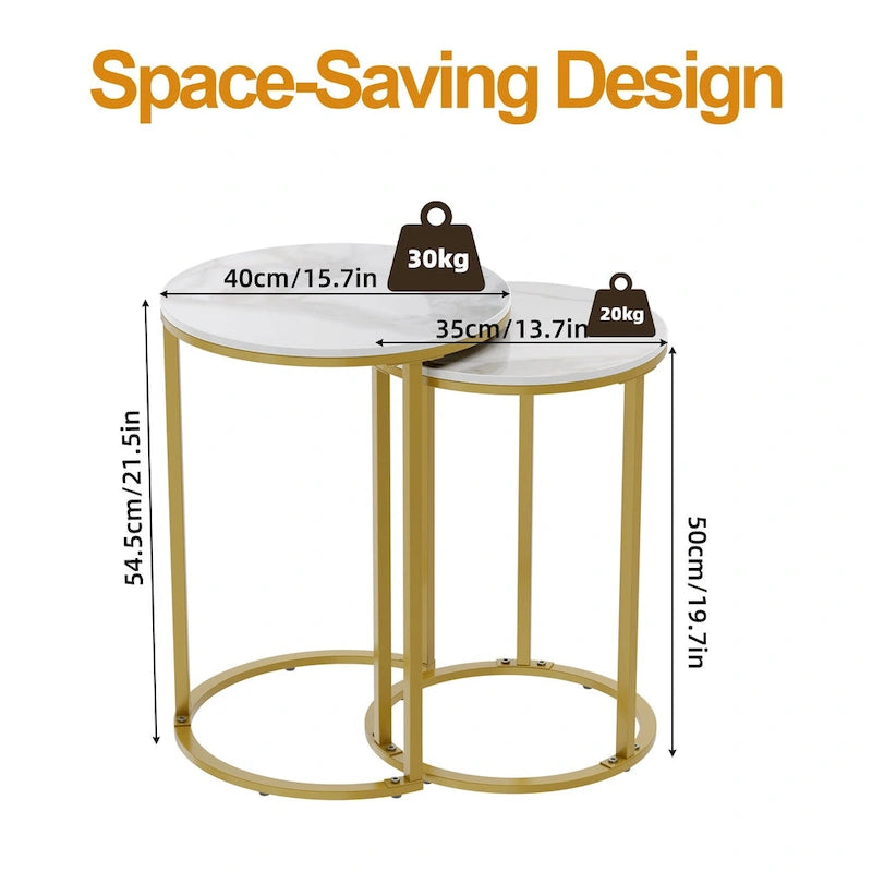 Ensemble de tables d'appoint gigognes rondes en fer et marbre - 40x55 cm et 35x50 cm