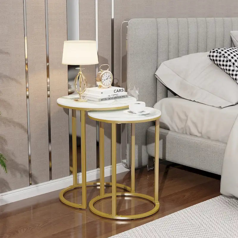 Ensemble de tables d'appoint gigognes rondes en fer et marbre - 40x55 cm et 35x50 cm