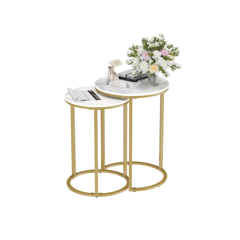 Ensemble de tables d'appoint gigognes rondes en fer et marbre - 40x55 cm et 35x50 cm