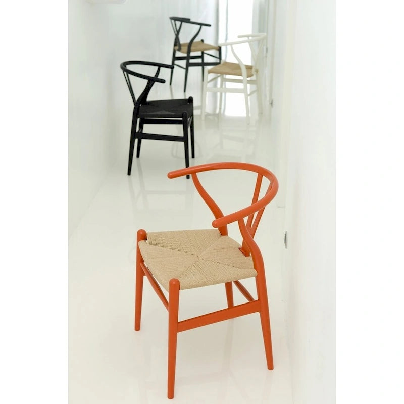 Lot de 2 chaises de salle à manger modernes oranges en bois avec dossier en Y, accoudoirs, accoudoir, siège en chanvre pour maison, restaurant, bureau, chambre, cuisine
