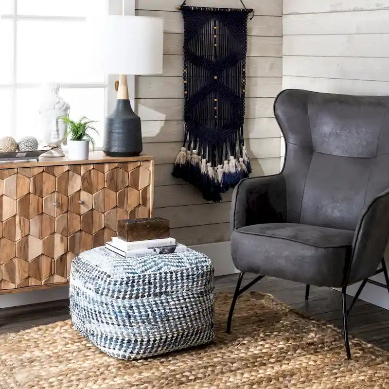 Pouf ottoman artisanal en denim texturé