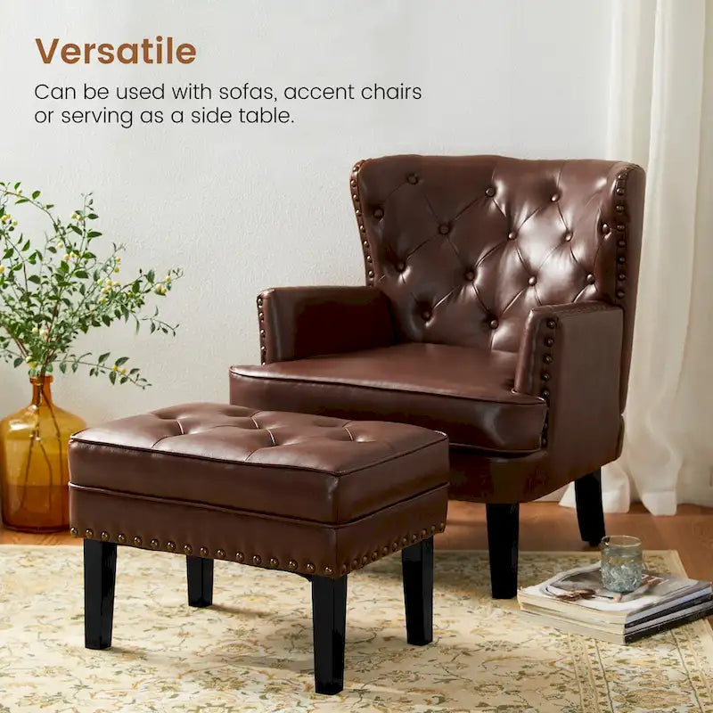 Repose-pieds ottoman touffeté en cuir PU, style Mid-century, 22W