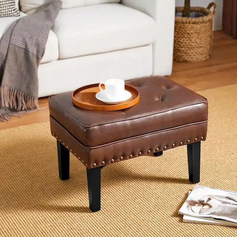 Repose-pieds ottoman touffeté en cuir PU, style Mid-century, 22W