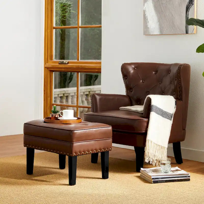 Repose-pieds ottoman touffeté en cuir PU, style Mid-century, 22W