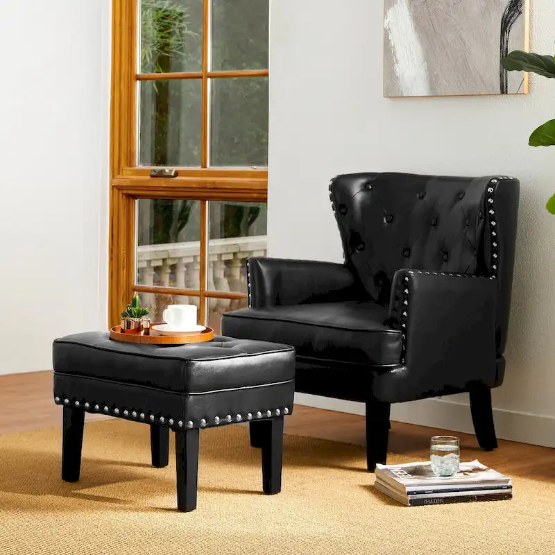 Repose-pieds ottoman touffeté en cuir PU, style Mid-century, 22W