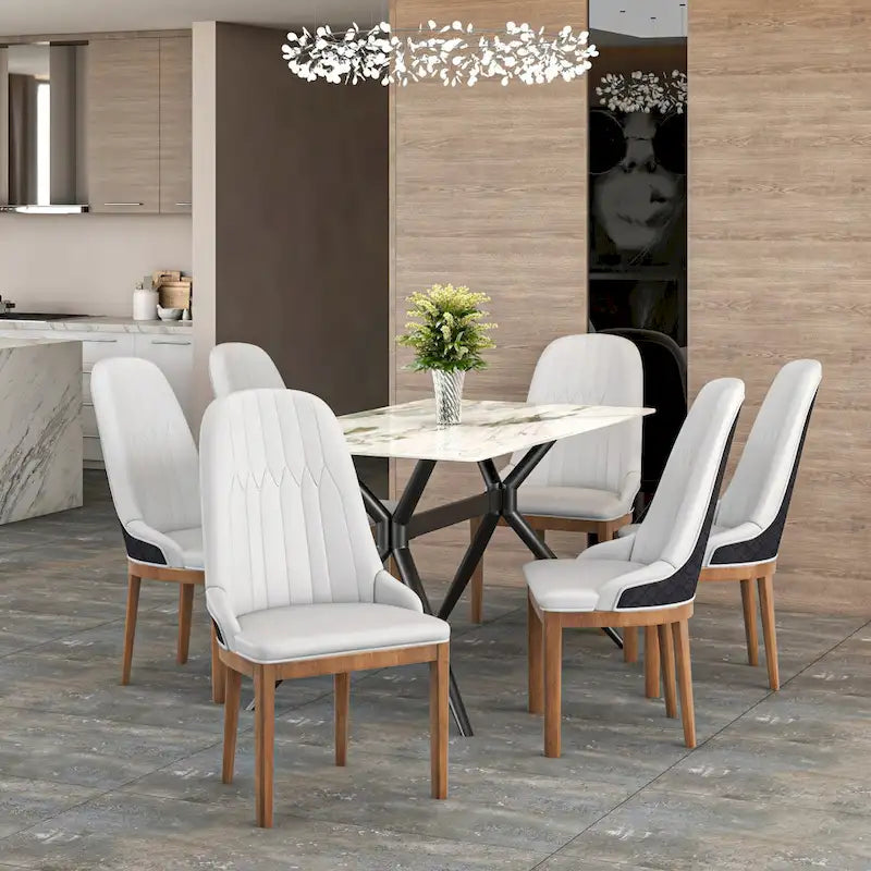 Leather Dining Chair with Rubberwood Legs Side Charis Sleek Diamond Stitching Back