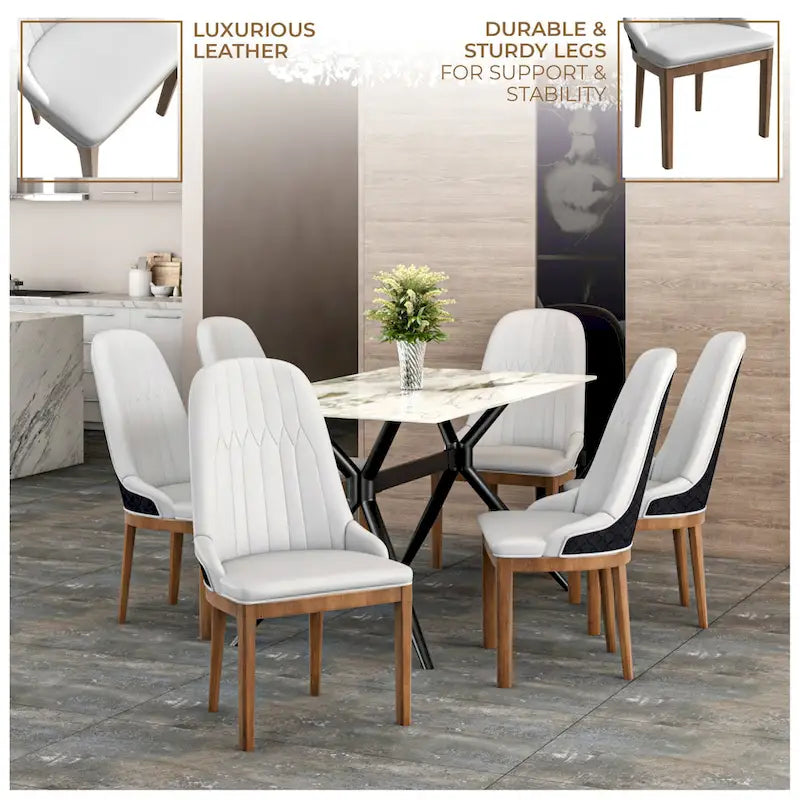 Chaise de salle à manger en cuir avec pieds en bois d'hévéa, chaises d'appoint avec dossier élégant à surpiqûres en losange