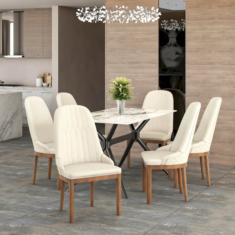 Chaise de salle à manger en cuir avec pieds en bois d'hévéa, chaises d'appoint avec dossier élégant à surpiqûres en losange