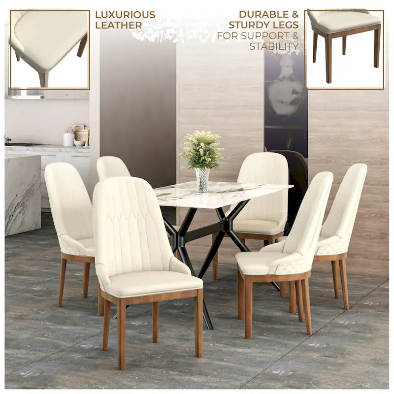 Chaise de salle à manger en cuir avec pieds en bois d'hévéa, chaises d'appoint avec dossier élégant à surpiqûres en losange