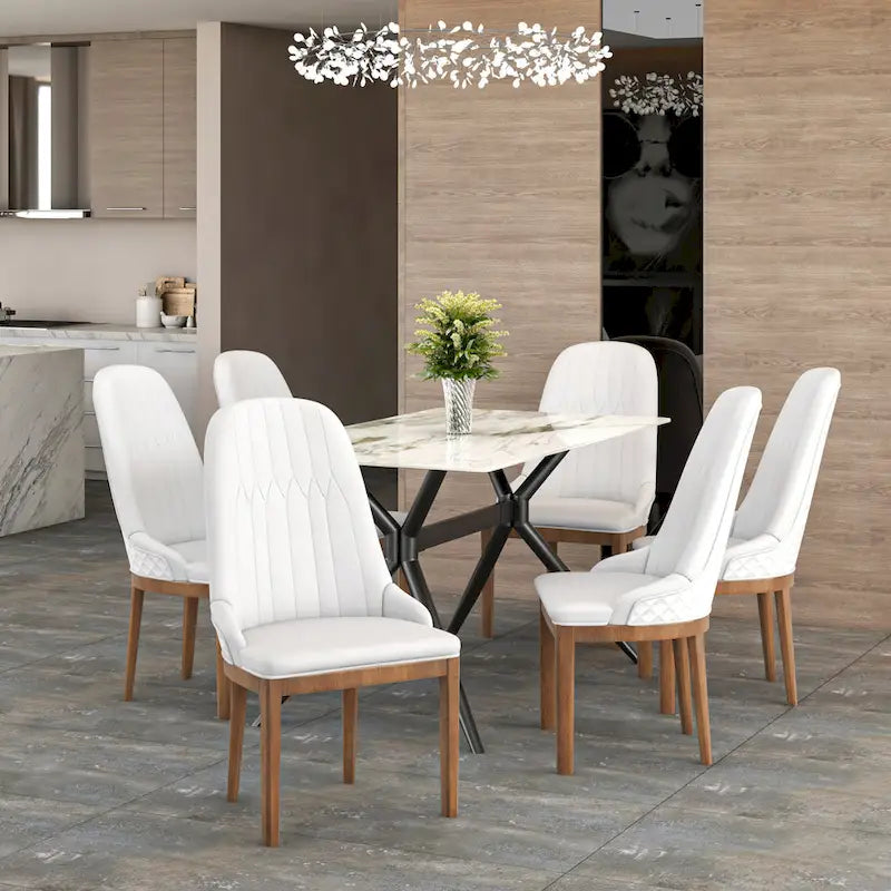 Chaise de salle à manger en cuir avec pieds en bois d'hévéa, chaises d'appoint avec dossier élégant à surpiqûres en losange
