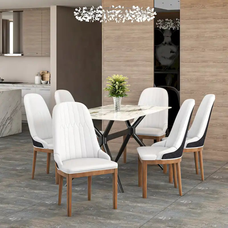 Chaise de salle à manger en cuir avec pieds en bois d'hévéa, chaises d'appoint avec dossier élégant à surpiqûres en losange